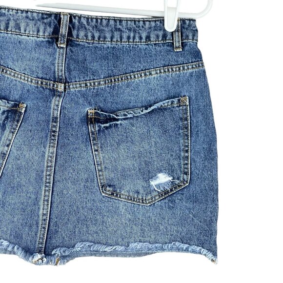 Forever 21 Women's Denim Mini Skirt Size Large  Distressed Raw Hem Cotton Blue - Picture 5 of 10